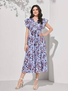 Seusyu Floral Print Ruffle Trim Belted Dress - Multicolor - View 3