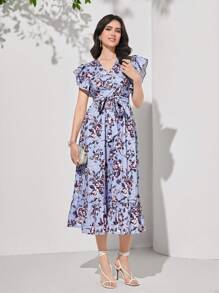Seusyu Floral Print Ruffle Trim Belted Dress - Multicolor - View 4