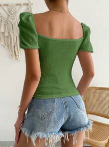 SHEIN VCAY 前打結雞心領口泡泡袖T恤 - 軍綠色 - 查看 2