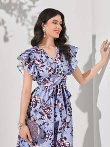 Seusyu Floral Print Ruffle Trim Belted Dress - Multicolor - View 5