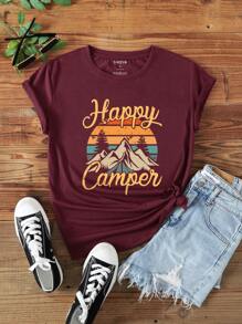 INAWLY 山和字母圖案T恤 - 酒紅色 - 查看 1