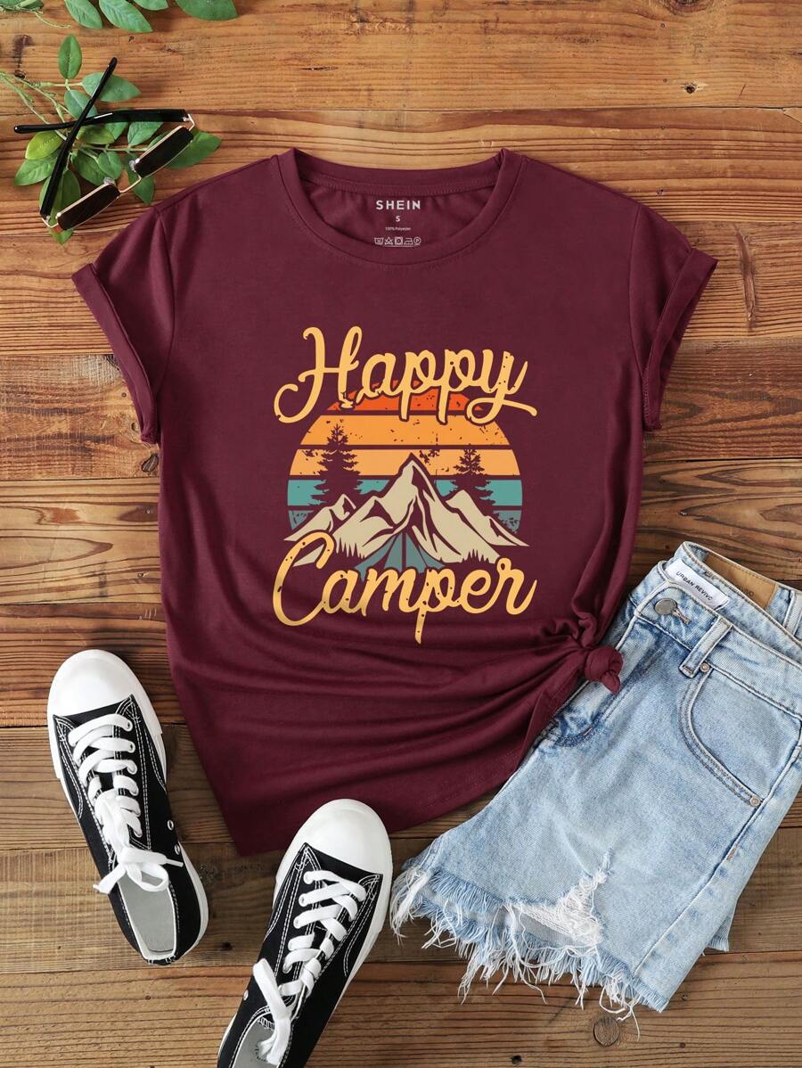 INAWLY 山和字母圖案T恤 - 酒紅色 - 查看 1