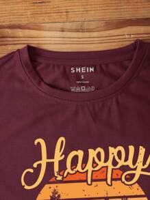 INAWLY 山和字母圖案T恤 - 酒紅色 - 查看 5