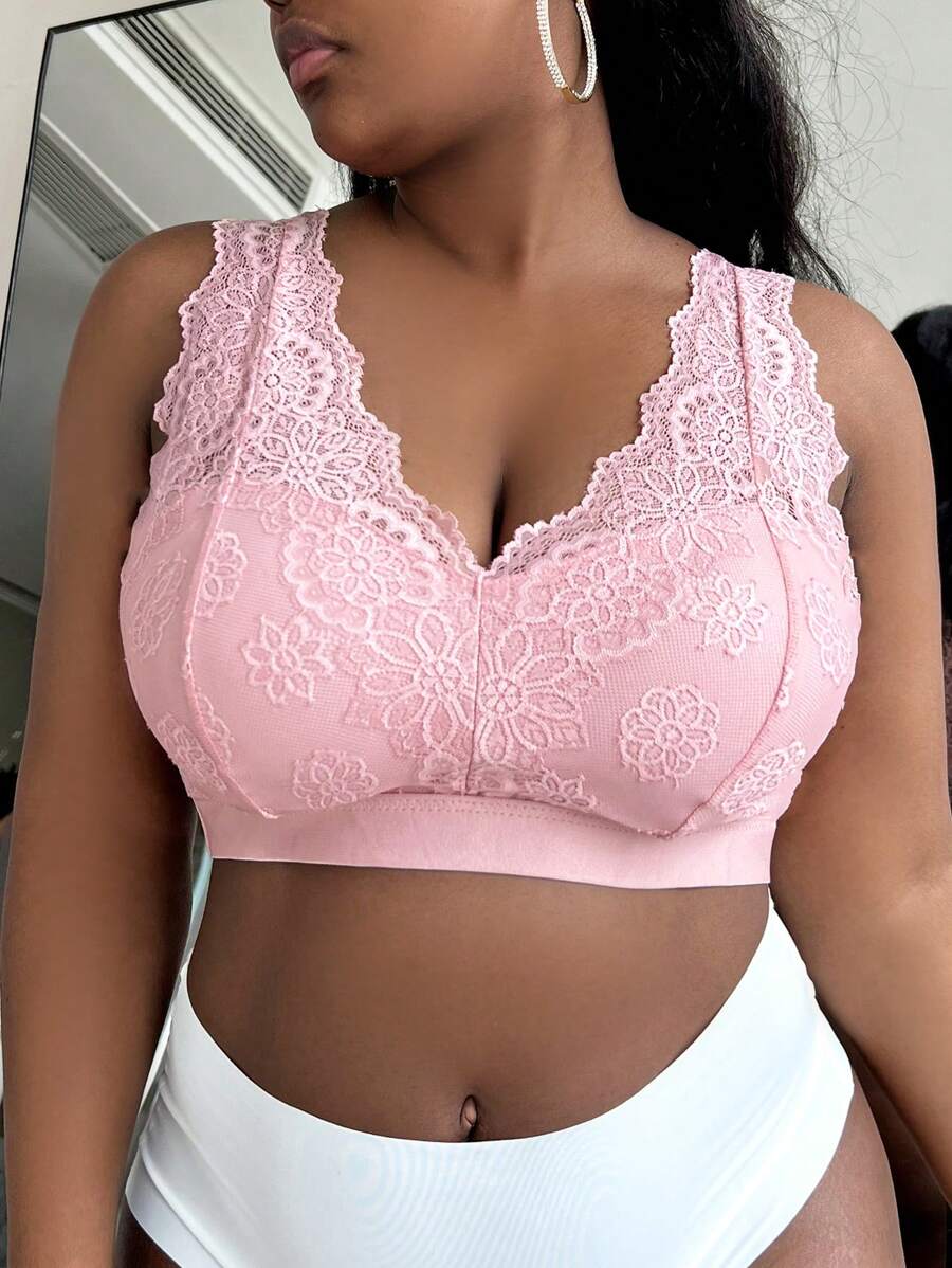 Plus Floral Lace Bralette Lingerie - Pink - View 1
