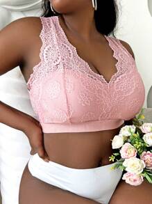 Plus Floral Lace Bralette Lingerie - Pink - View 5