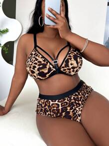Plus Leopard Harness Bra & Panty Lingerie Set - Multicolor - View 1