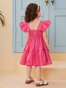 SHEIN Niñas Vestido unicolor ribete con fruncido bajo con fruncido - Rosa - Ver 2