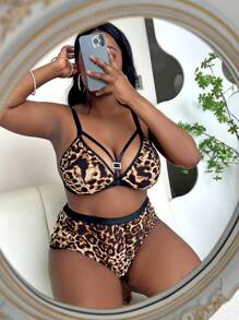 Plus Leopard Harness Bra & Panty Lingerie Set - Multicolor - View 4