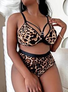 Plus Leopard Harness Bra & Panty Lingerie Set - Multicolor - View 5