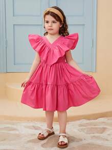 SHEIN Niñas Vestido unicolor ribete con fruncido bajo con fruncido - Rosa - Ver 4