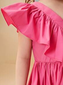 SHEIN Niñas Vestido unicolor ribete con fruncido bajo con fruncido - Rosa - Ver 5