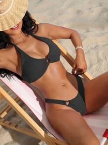 SHEIN Swim Summer Beach Ring Linked Halter Bikini Set - Black - View 5