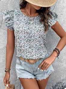 SHEIN VCAY Áo sơ mi nữ Xù Họa tiết hoa Boho - màu xanh lá - Xem 6