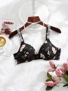Floral Print Letter Tape Underwire Bra Lingerie - Black - View 1