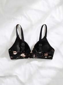 Floral Print Letter Tape Underwire Bra Lingerie - Black - View 2