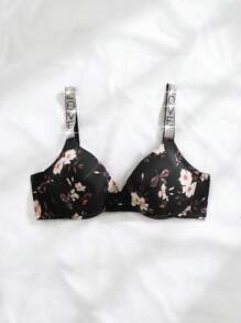 Floral Print Letter Tape Underwire Bra Lingerie - Black - View 3