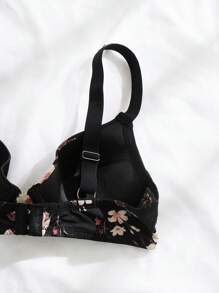 Floral Print Letter Tape Underwire Bra Lingerie - Black - View 4