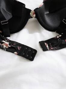 Floral Print Letter Tape Underwire Bra Lingerie - Black - View 5