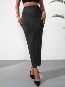 SHEIN Privé 高腰素色後背開衩半身裙 - 黑色 - 查看 1