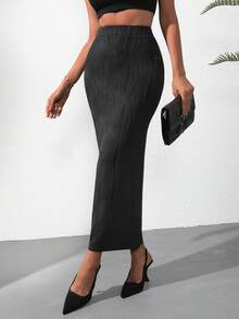 SHEIN Privé 高腰素色後背開衩半身裙 - 黑色 - 查看 3