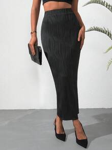 SHEIN Privé 高腰素色後背開衩半身裙 - 黑色 - 查看 6