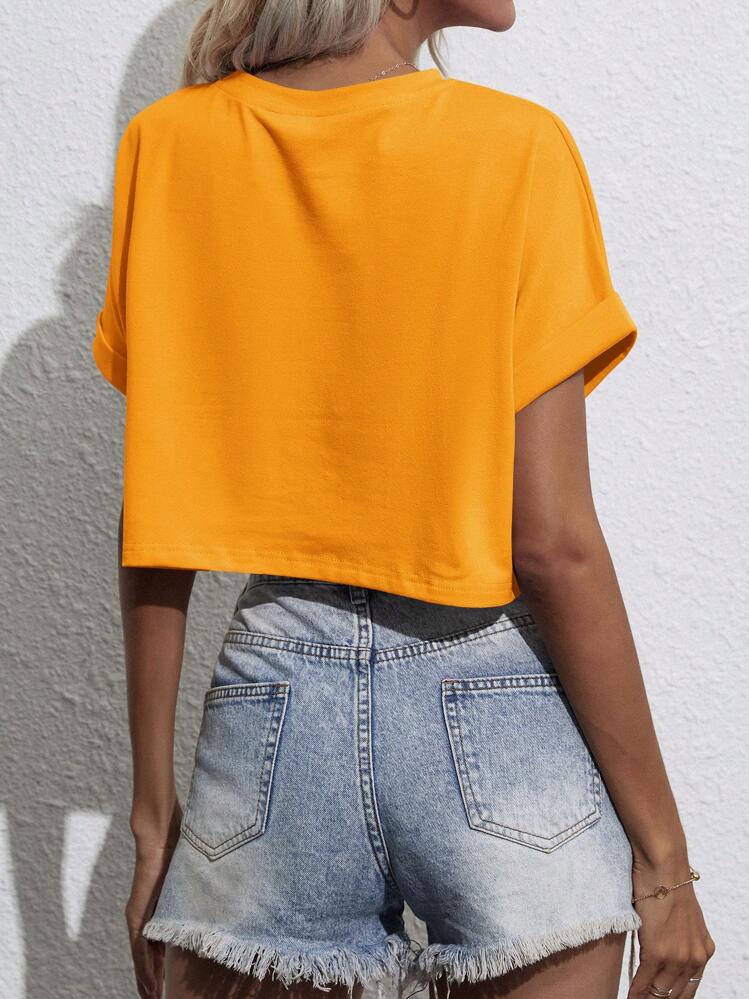 SHEIN LUNE Batwing Sleeve Pocket Patched Crop Tee - Mustard Yellow - View 2