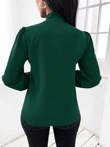 SHEIN Privé Áo sơ mi nữ Nút đôi Thắt nơ trước màu trơn Thanh lịch - Màu xanh lá cây đậm - Xem 2