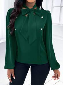 SHEIN Privé Áo sơ mi nữ Nút đôi Thắt nơ trước màu trơn Thanh lịch - Màu xanh lá cây đậm - Xem 3