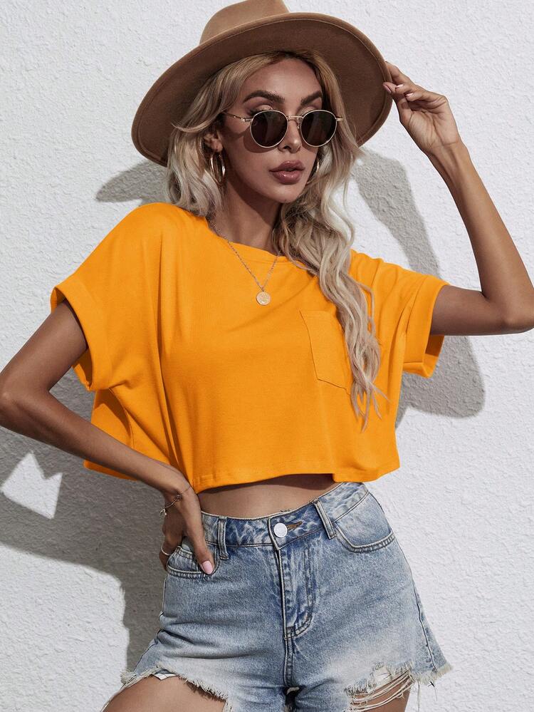 SHEIN LUNE Batwing Sleeve Pocket Patched Crop Tee - Mustard Yellow - View 4