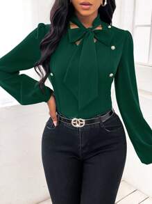 SHEIN Privé Áo sơ mi nữ Nút đôi Thắt nơ trước màu trơn Thanh lịch - Màu xanh lá cây đậm - Xem 5