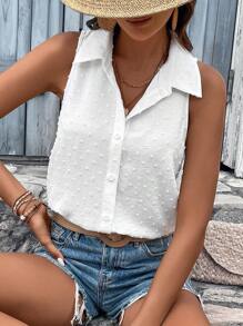 SHEIN VCAY Swiss Dot Button Front Sleeveless Shirt - White - View 4