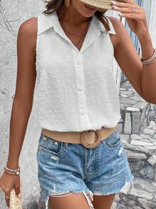 SHEIN VCAY Swiss Dot Button Front Sleeveless Shirt - White - View 5