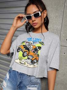 ramoniskull 汽車和字母圖案落肩T恤 - 淺灰色 - 查看 1