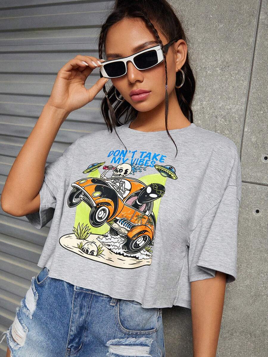 ramoniskull 汽車和字母圖案落肩T恤 - 淺灰色 - 查看 1