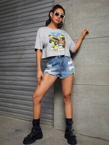 ramoniskull 汽車和字母圖案落肩T恤 - 淺灰色 - 查看 4