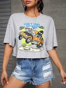 ramoniskull 汽車和字母圖案落肩T恤 - 淺灰色 - 查看 6