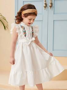 SHEIN Leap Crew Young Girl Floral Embroidery Ruffle Trim Belted Dress - White - View 2