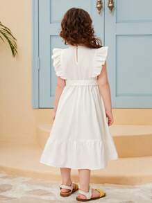 SHEIN Leap Crew Young Girl Floral Embroidery Ruffle Trim Belted Dress - White - View 3