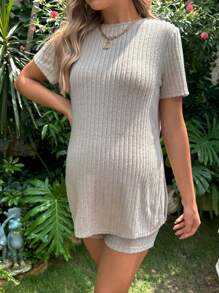 SHEIN Maternidad Shorts con camiseta unicolor tejido de canalé - Beis - Ver 3