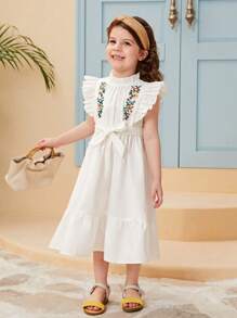 SHEIN Leap Crew Young Girl Floral Embroidery Ruffle Trim Belted Dress - White - View 4