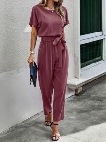 SHEIN LUNE Solid Batwing Sleeve Belted Jumpsuit - Purple - View 1