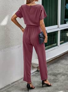 SHEIN LUNE Solid Batwing Sleeve Belted Jumpsuit - Purple - View 2