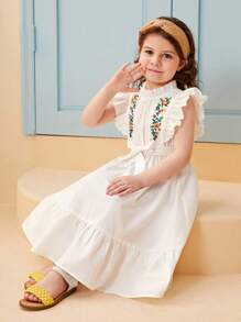 SHEIN Leap Crew Young Girl Floral Embroidery Ruffle Trim Belted Dress - White - View 1