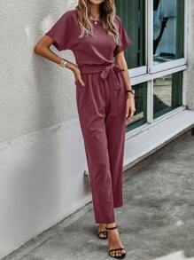 SHEIN LUNE Solid Batwing Sleeve Belted Jumpsuit - Purple - View 3