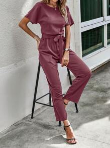 SHEIN LUNE Solid Batwing Sleeve Belted Jumpsuit - Purple - View 4