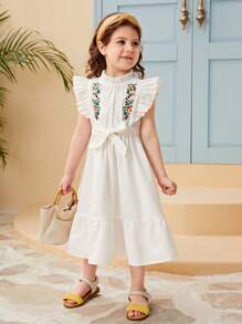 SHEIN Leap Crew Young Girl Floral Embroidery Ruffle Trim Belted Dress - White - View 5