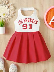 運動和休閒數字數字洛杉磯字母圖案圖案吊脖撞色洋裝,合適適用於運動和休閒,夏天 - 紅白色 - 查看 1