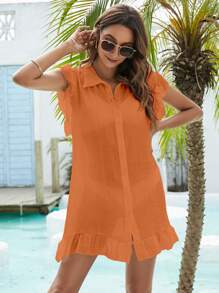 SHEIN Swim 前紐扣荷葉邊和服罩衫 - 橘色 - 查看 6