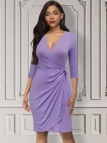 交疊領側打結連衣裙 - 淡紫色 - 查看 5