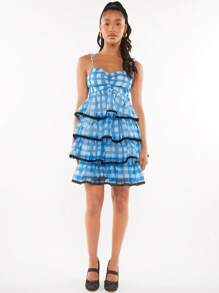 SHEINNeu Plaid Print Ruched Bust Layered Hem Cami Dress - Multicolor - View 1